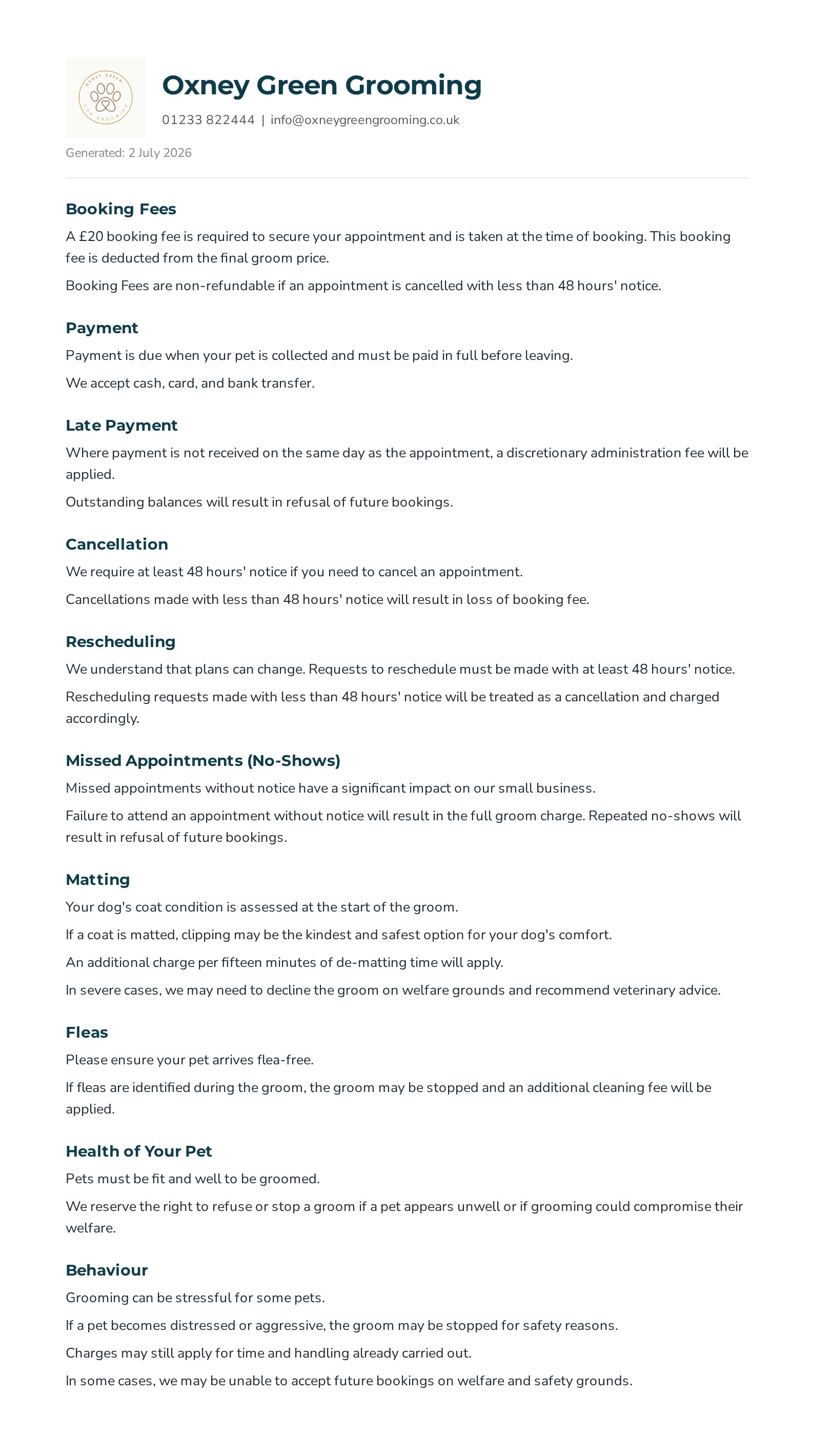 Example Terms and Conditions PDF, Page 1 · Booking, Payment & Cancellation